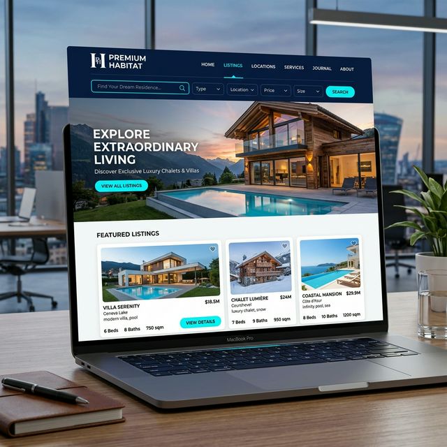 Mockup de portal inmobiliario premium con chalets de lujo