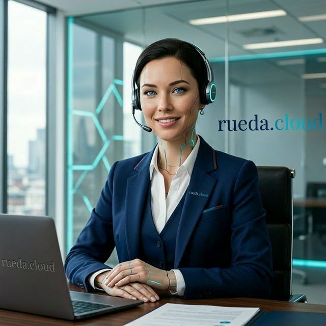 Mujer robot con auriculares IA en oficinas corporativas